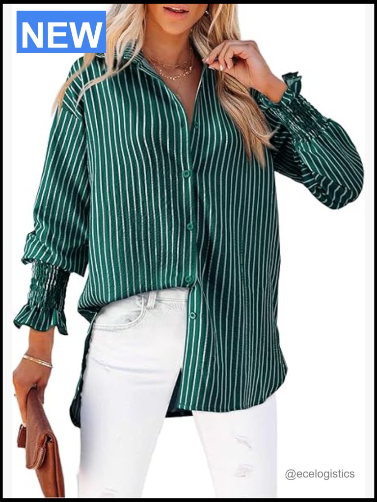 Striped Button Down Shirt Long Sleeve Smocked Cuffed Oversized Boyfriend Blouse
